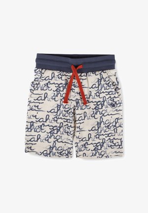 Shorts pour enfants avec une taille élastique bleu marine, un cordon rouge et un tissu blanc recouvert d'un motif abstrait bleu marine en écriture.