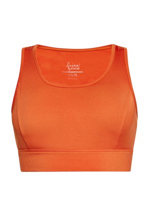 Sutien sport portocalie cu o textură netedă și elastică; are un decolteu rotund și bretele largi pentru susținere; eticheta este vizibilă în interior.