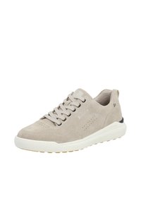 Beige suede sneaker with a textured upper, perforated accents, white midsole, and black heel detail. Features lace-up design and padded collar.