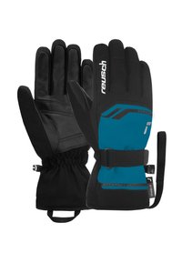 Black and turquoise waterproof gloves with a leather palm, five-finger design, adjustable wrist strap, and elastic cuff for snug fit.