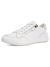 White low-top sneaker with lace-up front, side zipper detail, and light beige heel tab on a plain white background.