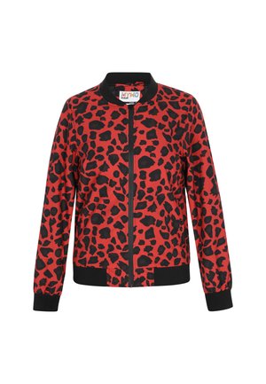 Giacca bombardiere rossa con stampa leopardata nera, polsini e fondo elasticizzati, zip frontale a tutta lunghezza e colletto rotondo. Tessuto di texture liscia.