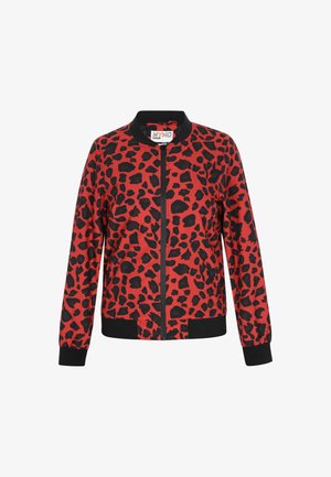 Giacca bombardiere rossa con stampa leopardata nera, polsini e fondo elasticizzati, zip frontale a tutta lunghezza e colletto rotondo. Tessuto di texture liscia.