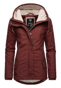 Maroon insulated jacket with a soft white fleece lining, adjustable hood, two front pockets, and decorative drawstrings and hardware accents.
