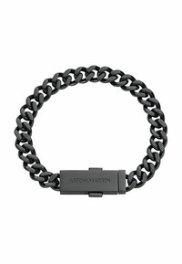 Bracelet chaîne en métal noir avec des maillons polis et des accents texturés. Comprend un fermoir plat gravé "Aston Martin."