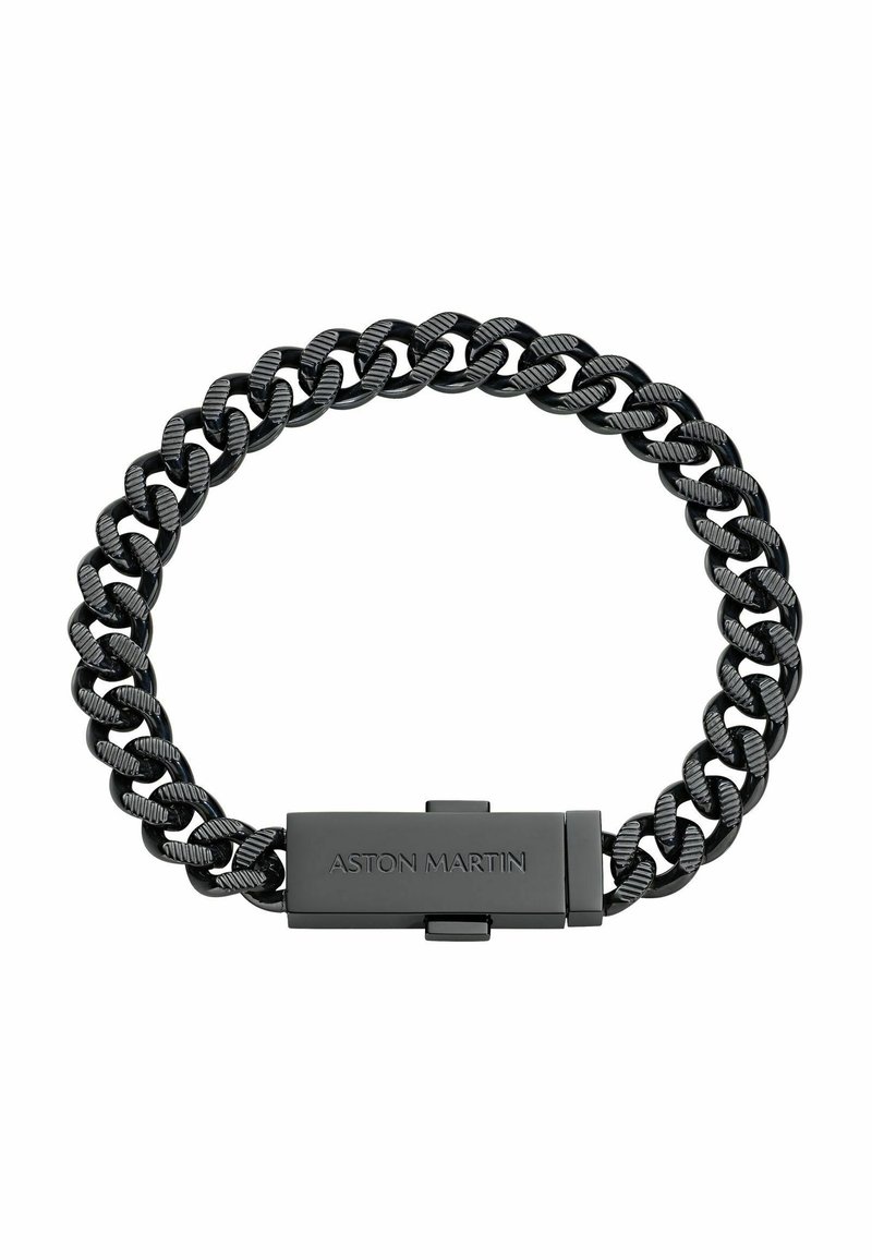 Bracelet chaîne en métal noir avec des maillons polis et des accents texturés. Comprend un fermoir plat gravé "Aston Martin."