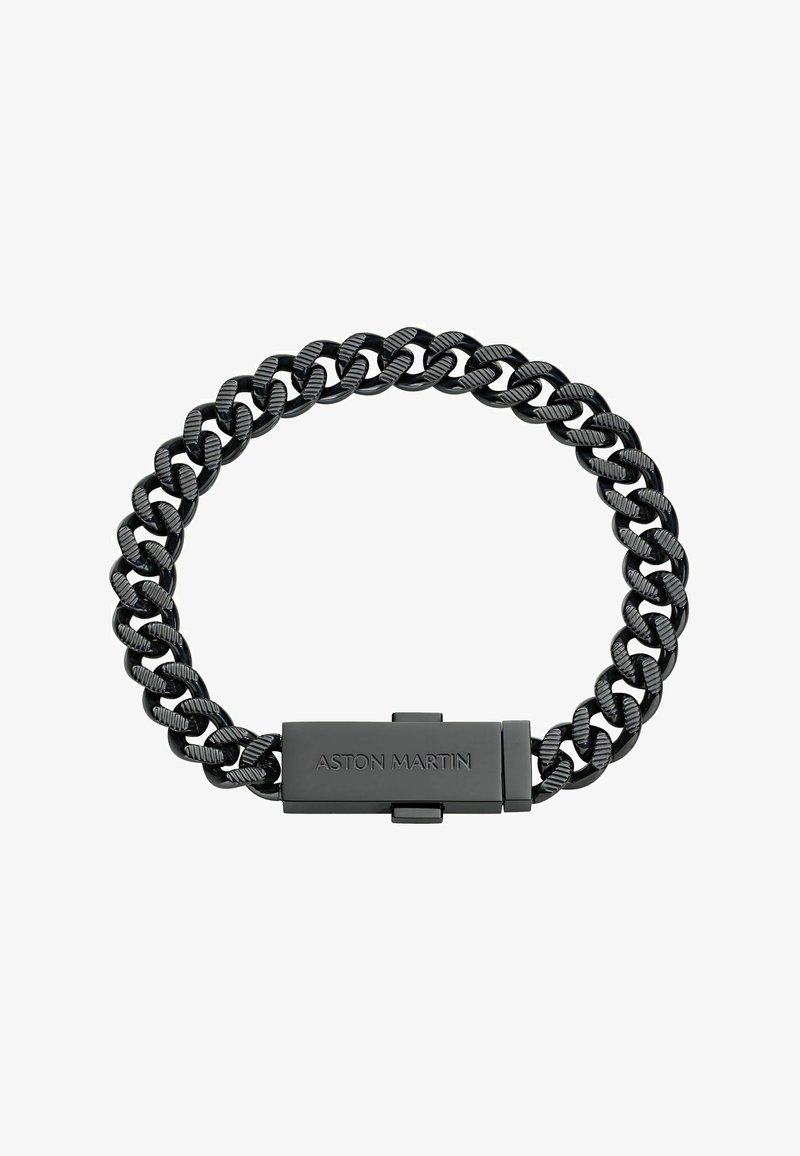 Bracelet chaîne en métal noir avec des maillons polis et des accents texturés. Comprend un fermoir plat gravé "Aston Martin."