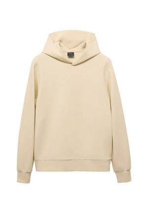 Krem se sweatshirt s kapuljačom napravljen od mekanog materijala. Ima opušteni kroj, duge rukave i visoki ovratnik s glatkom teksturom.