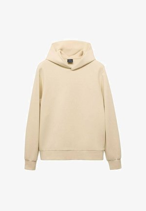 Sudadera con capucha de color crema hecha de un tejido suave. Presenta un corte relajado, mangas largas y un cuello alto con una textura suave.