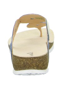 Blue sandal with cork footbed and white rubber sole. Features a thin upper strap and toe post design. Textured surface on footbed.