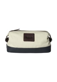 Borsa da toilet in tela con parte superiore crema e fondo in pelle blu scuro. Presenta un'etichetta in pelle marrone e una chiusura con cerniera. Design compatto.