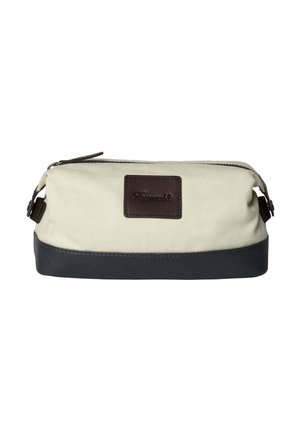Borsa da toilet in tela con parte superiore crema e fondo in pelle blu scuro. Presenta un'etichetta in pelle marrone e una chiusura con cerniera. Design compatto.