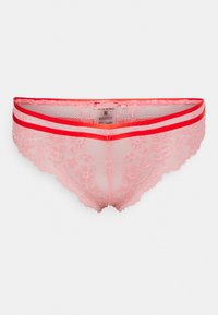 Boxer em renda rosa claro com padrão floral, apresentando duas faixas elásticas vermelhas na cintura. Textura suave e semitransparente. Tamanho XL.