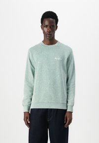 Sudadera verde claro hecha de tejido suave, con cuello redondo, puños acanalados y un pequeño logo blanco en el lado izquierdo del pecho.