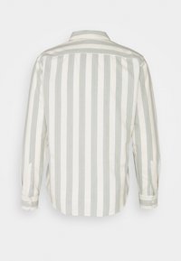 Chemise à manches longues à rayures blanches et vert clair, en coton, avec col boutonné et poignets à un bouton.