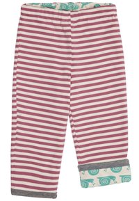 Leggings a righe color bordeaux e crema, con un polsino grigio. La vita presenta un motivo di lumache azzurre su sfondo crema.