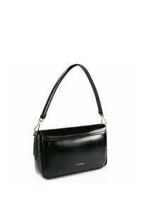 Borsa a tracolla in pelle nera con una texture liscia, forma rettangolare e tracolla staccabile. Presenta una tasca frontale e dettagli in metallo dorato.