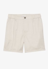 Shorts beige clair en tissu tissé, dotés d'une taille élastiquée, d'une fermeture à bouton et de poches latérales. Design simple et coupe droite.