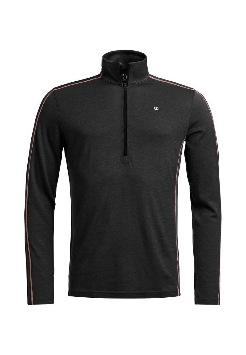 Black long-sleeve pullover with a quarter-zip collar, featuring contrasting pink side stripes and a small logo on the chest. Smooth texture.