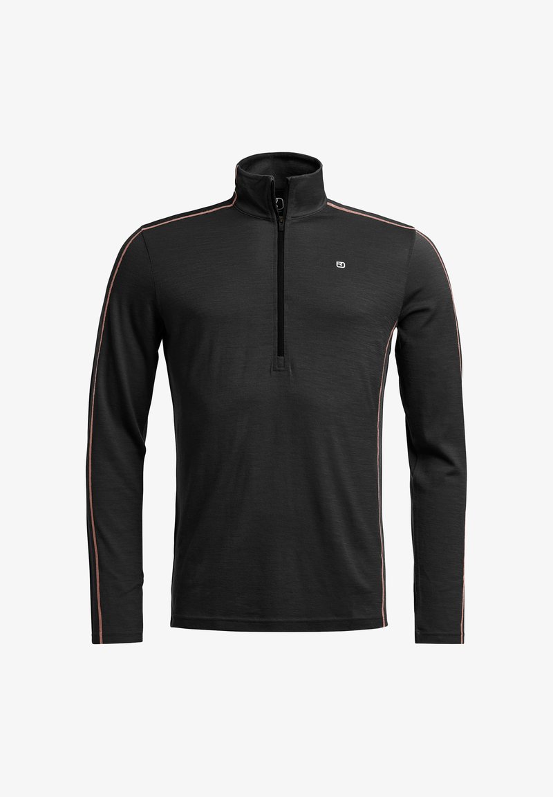 Black long-sleeve pullover with a quarter-zip collar, featuring contrasting pink side stripes and a small logo on the chest. Smooth texture.