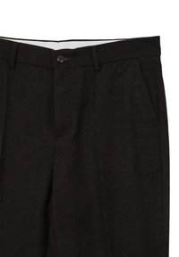 Pantaloni neri in tessuto testurizzato, con una vestibilità dritta, tasche laterali e chiusura a bottone in vita.