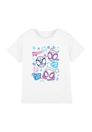 White cotton t-shirt featuring colorful graphic prints of cartoon spider characters, stars, and text with various colors in blue and pink.