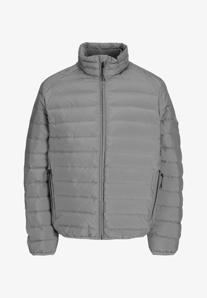 Pilkos pūkinės striukės su stovinčiu apykakle, užtrauktuku priekyje ir šoninėmis kišenėmis. Tekstūroje matyti horizontalios siūlės.