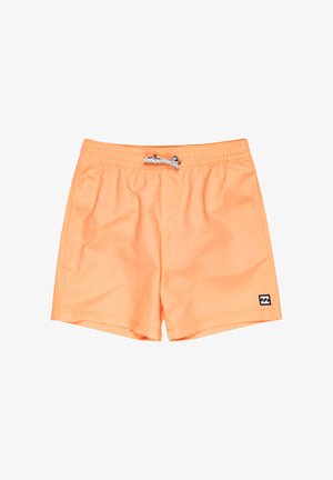 Men's swim shorts in bright orange, made of lightweight fabric. Features an elastic waistband with a white drawstring and a small logo patch.