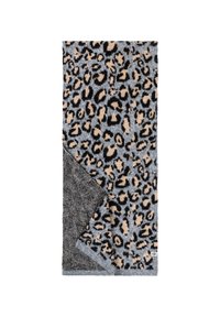 Leopard-patterned throw with shades of gray and beige, featuring a soft texture and a contrasting solid gray underside.