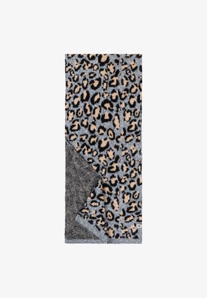 Leopard-patterned throw with shades of gray and beige, featuring a soft texture and a contrasting solid gray underside.