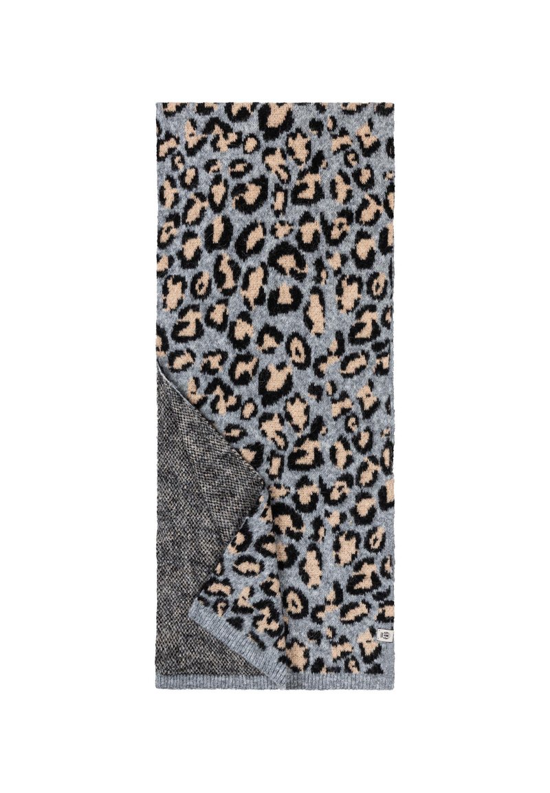Leopard-patterned throw with shades of gray and beige, featuring a soft texture and a contrasting solid gray underside.