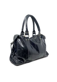 Borsa a mano in pelle nera con finitura lucida, due manici robusti, chiusura con zip e dettagli metallici. Presenta una forma arrotondata e strutturata.