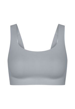 Hellgrauer nahtloser Sport-BH mit breiten Trägern und einem Rundhalsausschnitt, entworfen für Komfort und Unterstützung.