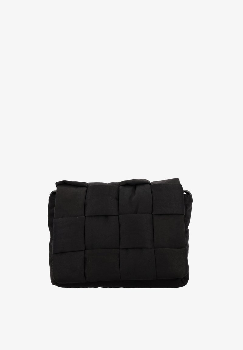 Black padded bag featuring a woven texture with a rectangular shape and a flap closure. Made from soft fabric with no visible hardware.