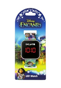 Orologio digitale nero con display LED rosso, caratterizzato da un cinturino a fantasia colorata che ritrae i personaggi di "Encanto"; presentato su una vivace scheda di imballaggio.