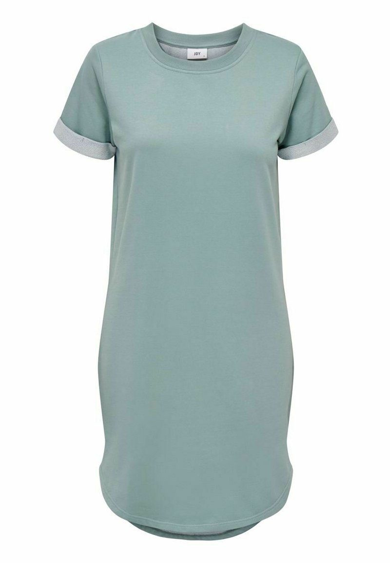Robe t-shirt vert clair en tissu doux, avec des manches courtes ornées de poignets gris contrastants et un ourlet arrondi pour un style supplémentaire.