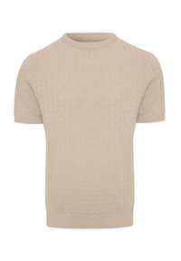 Beige Kurzarm-Strickpullover mit strukturiertem Muster, Rundhalsausschnitt und Rippbündchen an Ärmeln und Saum. Hergestellt aus weichem Material.