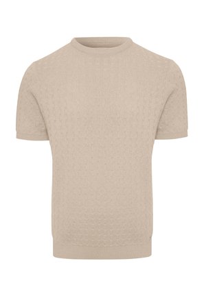 Maglione corto a maniche corte in beige con un motivo a trama, scollatura rotonda e polsini e orlo a coste. Realizzato in un materiale morbido.