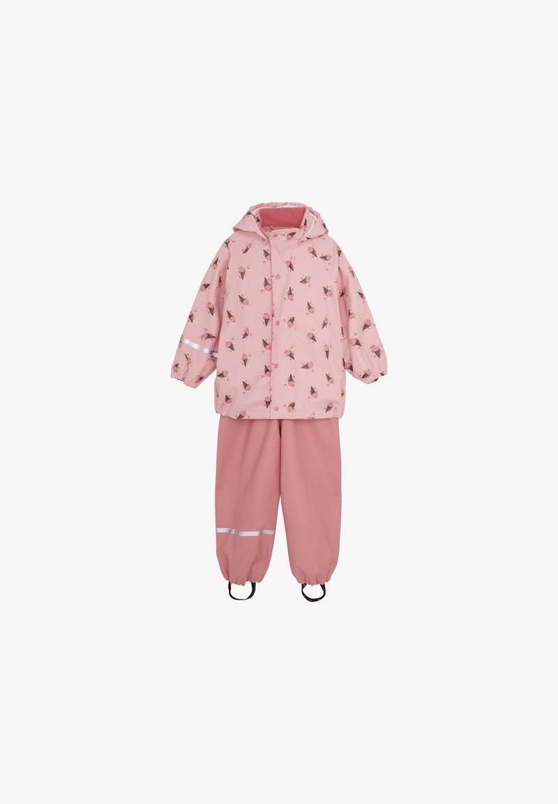 Pink rain jacket and pants set, made of waterproof material, featuring a floral print, reflective accents, and elastic cuffs for a secure fit.