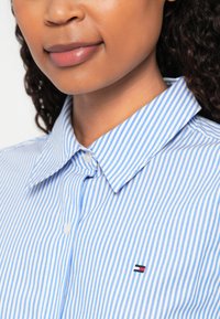 Unteres Gesicht und Hals einer Frau, die ein blau-weiß gestreiftes Hemd mit einem kleinen rot-weiß-blauen Logo auf der Brust trägt.