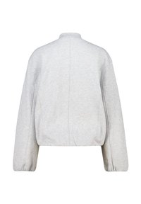 Sweatshirt gris court avec manches longues, col rond et poignets élastiqués. Tissu lisse avec des coutures discrètes à l'arrière et sur les côtés.