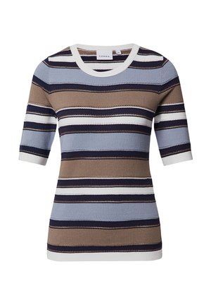 Striped knit top in blue, brown, and navy. Features a round neckline and short sleeves with contrasting white trim. Textured fabric.