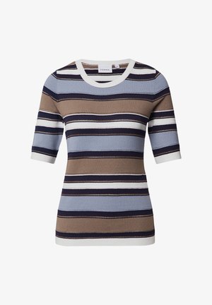 Top en tricot rayé bleu, marron et marine. Présente un col rond et des manches courtes avec des bordures blanches contrastantes. Tissu texturé.