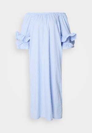 Off-the-shoulder dress in light blue and white vertical stripes with puffed short sleeves and a loose-fitting, mid-length design.