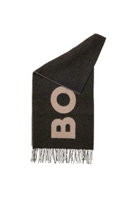 Sciarpa di lana grigia scura con grandi lettere beige che formano la scritta "B O." Presenta bordi frangiati e una texture morbida. Piegata in un angolo.