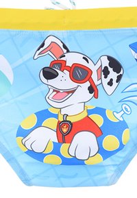 Badehose mit einem cartoonhaften Hund in Sonnenbrille, auf einem hellblauen Hintergrund, gelbem Bund und gepunktetem Design.