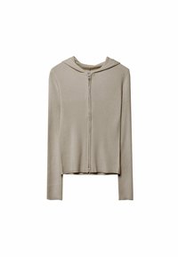 Sudadera beige con capucha, de tejido acanalado, cierre con cremallera, mangas largas y diseño ajustado. Presenta una textura suave y sin adornos adicionales.