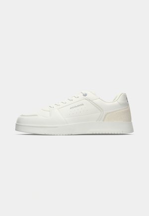White low-top sneaker with lace-up closure, textured heel panel, and "Jack & Jones" branding on the side and back.
