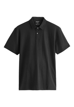 Čierne polo s krátkym rukávom, golierom a dvoma gombíkmi, stredná veľkosť, regular fit, jednoduchý dizajn.