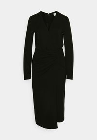 Robe midi noire à manches longues avec décolleté en V, devant croisé, taille froncée et fermeture éclair au dos.